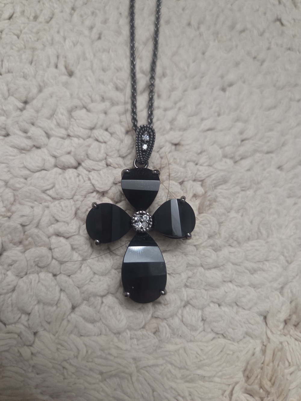 Black Floral Pendant Necklace with Crystal Accent - Women Jewelry